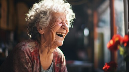 Happy woman enjoying a moment of laughter in cinematic setting