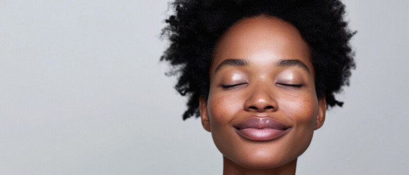 Happy attractive African American woman of middle age posing for beauty portrait. Pretty Black ethnic lady smiling on background, attractive female model advertising skin care treatment. Close up face