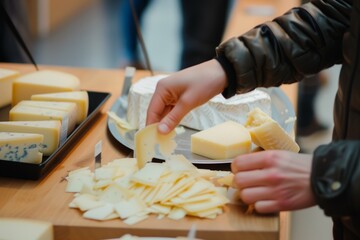 person handing out cheese samples to visitors - obrazy, fototapety, plakaty