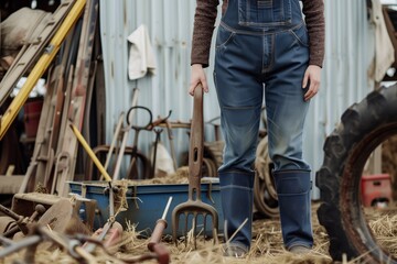 individual wearing overalls inspecting farm tools
