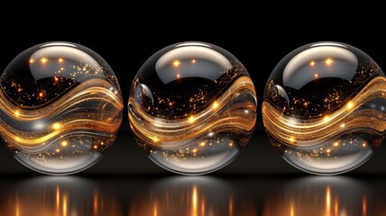 Abstract Glass Spheres with Swirling Glitter, Sparkles on Black Background
