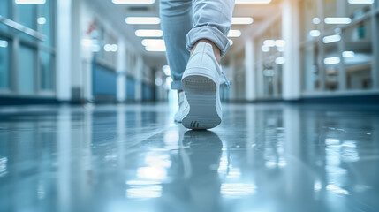 Assistant legs walking in hospital, legs of a doctor's assistant walking down the corridor of a modern hospital with a blurred background and focus on the leg, generative ai