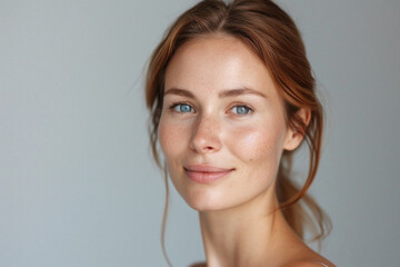 Happy attractive confident young adult or mid aged European woman posing for beauty aesthetic portrait. Beautiful lady smiling on background, attractive female model looking at camera. Close up face .