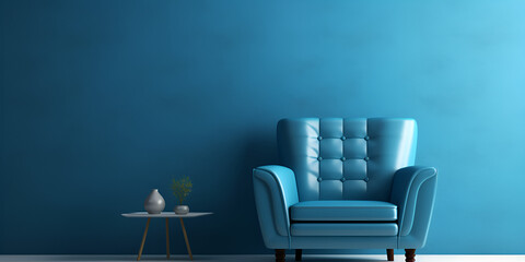 Contemporary indoor space featuring an armchair against a backdrop of blue walls