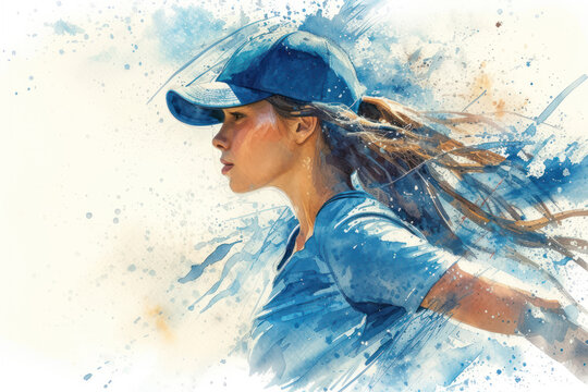 Baseball player in action, woman blue watercolor with copy space