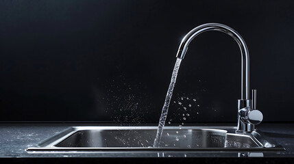 
kitchen, dishwashing sink, stainless steel tap, water flow, wall, black background