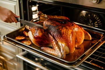 person removing a goldenbrown turkey from the oven on a tray
