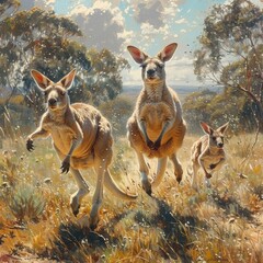 Lively kangaroos hopping across an Australian outback landscape, representing agility. 