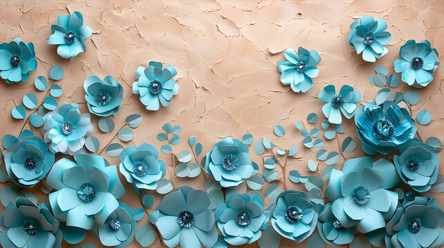 A serene backdrop of turquoise paper flowers against a sandy brown background, offering ample space for personalized text or greeting card messages. Suited for International Women's Day