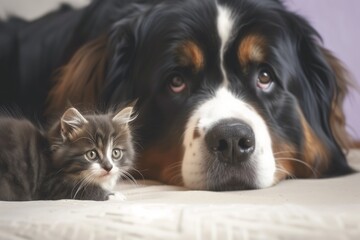 kitten sneaking up behind an unaware big dog - obrazy, fototapety, plakaty