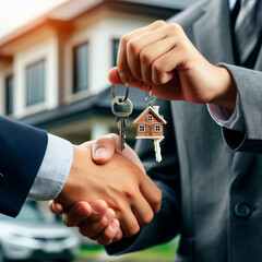 Advertising a real estate agency, a business transaction of buying, selling a house, housing, land.The hand of a man in a business suit shakes the hand of another man, extends and gives the keys 