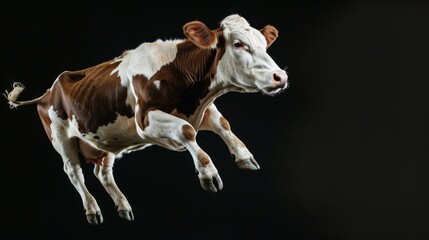 Cow jump on a black background. Flying animal. - obrazy, fototapety, plakaty