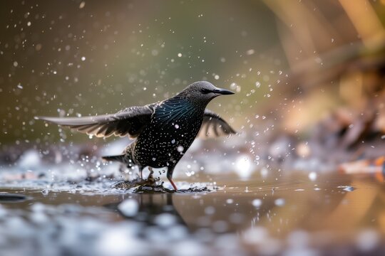 starling with droplets flying as it exits a puddle