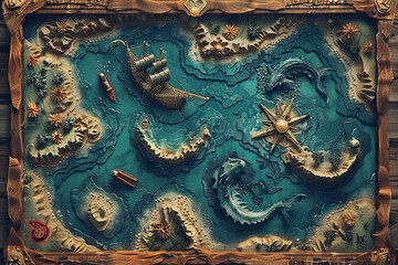A vintage sea map with ship and monster