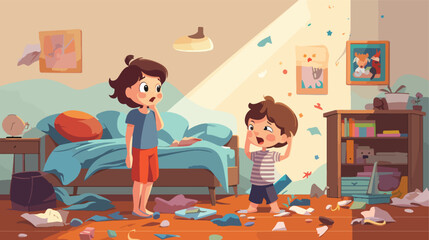 Woman looks at messy kids room and boy. Flat vector