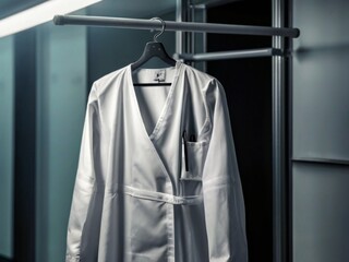 white medical gown and cap on a hanger.