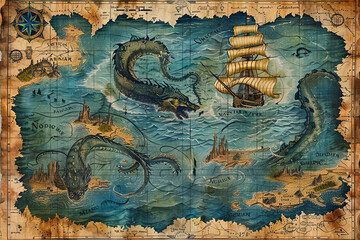 A vintage sea map with ship and monster - obrazy, fototapety, plakaty