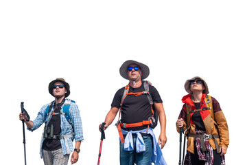 Tourists with backpacks hike on rocky of top mountain trekking is adventure activity sport for...