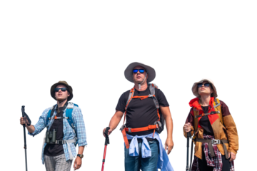 Tourists with backpacks hike on rocky of top mountain trekking is adventure activity sport for Traveller who love hike on summer holidays trekking and activity	