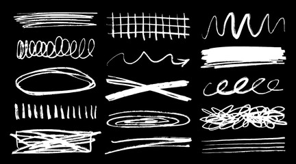 Chalk graffiti doodle punk and grunge shapes collection. Hand drawn abstract scribbles and squiggles, creative various shapes, pencil drawn icons. Scribbles, scrawls, brush strokes, curly lines.