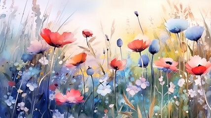 Obraz na płótnie Canvas multicolored wildflowers watercolor field drawing summer.