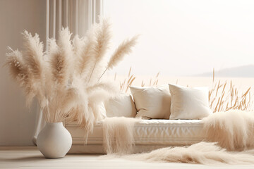 Modern boho interior of living room at cozy apartment with  sofa,  pillows and pampas grass....