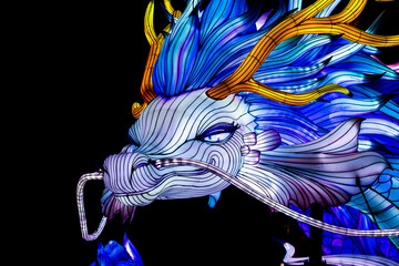 A beautiful Loong or dragon  lantern named Linglong or Soul Dragon,glowing at night in lantern...