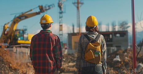 Fototapeta premium A couple, wearing yellow hard hats, stands at a house construction site, observing the progress of their new home being built