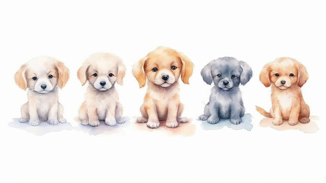 a group of cute watercolor puppies on a white background.