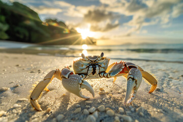 Close-up of a crab on the sand against a waterscape in the sunlight