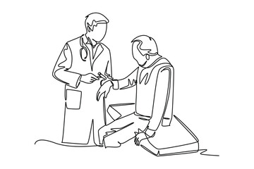Single one line drawing The doctor is checking the health condition of a patient after undergoing medical treatment. physical therapy rehabilitation concept. Continuous line draw design vector