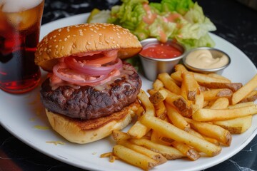 platter with halfeaten burger, side of fries, soda