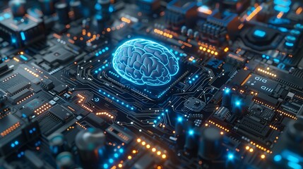 Brain on circuit board, Abstract glowing colorful digital brain, AI and technology concept, blue neural connection lines and glowing dots
