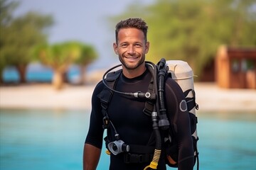 Portrait of a happy young man with scuba gear standing on the beach