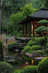 A Japanese shrine in a tranquil japanese garden