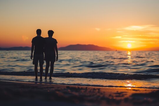 Against a breathtaking backdrop of vibrant skies and tranquil waters, two silhouetted figures stand hand in hand on the shore, basking in the warmth of a magical sunset