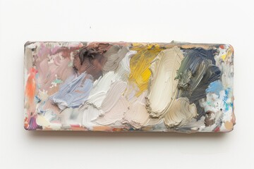 slim, rectangular palette filled compactly with muted oil paint tones