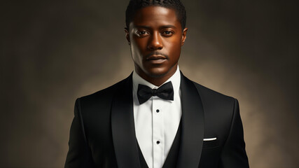 Young african american man in tuxedo on dark background