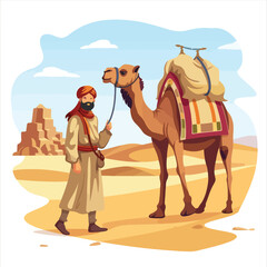 Cameleer camel driver with camel in a desert. Vec