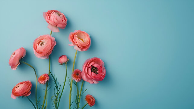 Bouquet of ranunculus flowers on a blue background space for text