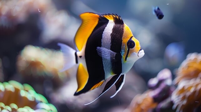 Moorish idol fish swimming among colorful corals in a saltwater aquarium environment