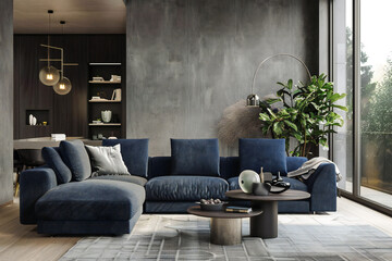 Dark blue sofa and recliner chair in living room