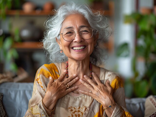 Allegra e graziosa donna indiana anziana con occhiali elegant e capelli bianchi, seduta su un accogliente divano di casa, sorridente con denti bianchi e perfetti, sorride con le mani al petto - obrazy, fototapety, plakaty