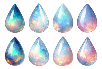 Teardrop-shaped opal rhinestone watercolor illustration material set