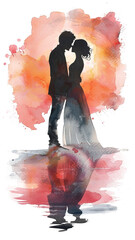 Silhouette of couple kissing in watercolor style