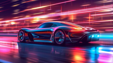 Vibrant concept sports car speeding with dynamic light trails on a futuristic city highway at night.