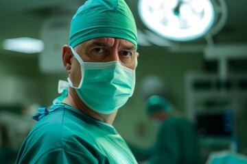 A dedicated medical professional prepares for a life-saving surgery, donning scrubs and a mask in a bustling hospital room filled with state-of-the-art equipment and a sense of urgency