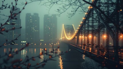 Misty evening view of an illuminated bridge with city skyline in the background, creating a mysterious urban atmosphere.