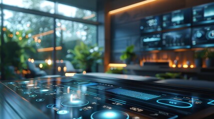 An advanced smart home dashboard glows with interactive controls in a sleek modern interior, offering futuristic home automation.