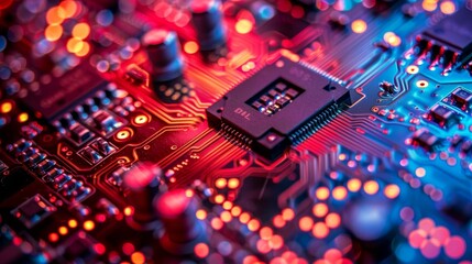 A close-up of a microchip on a circuit board, surrounded by intricate circuitry illuminated by vibrant red and blue lights.